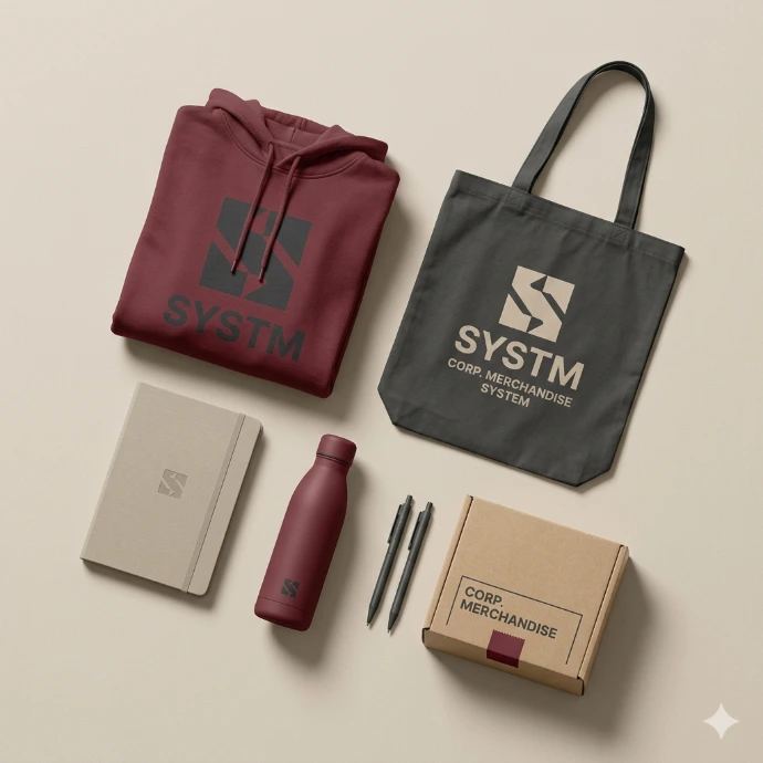 Branded institutional merchandise including tote bags and bottles for college welcome kits