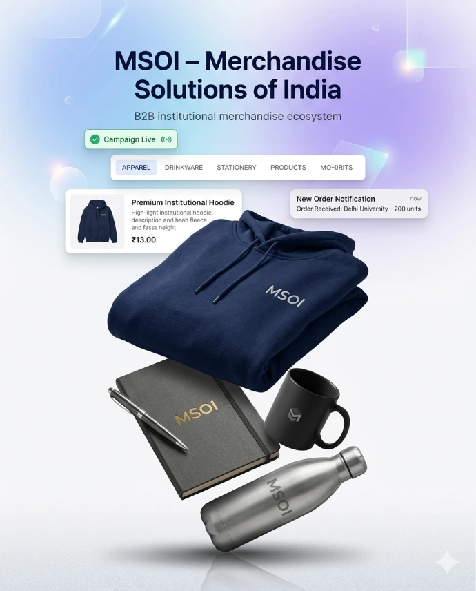 MSOI institutional merchandise platform showcasing branded college merchandise