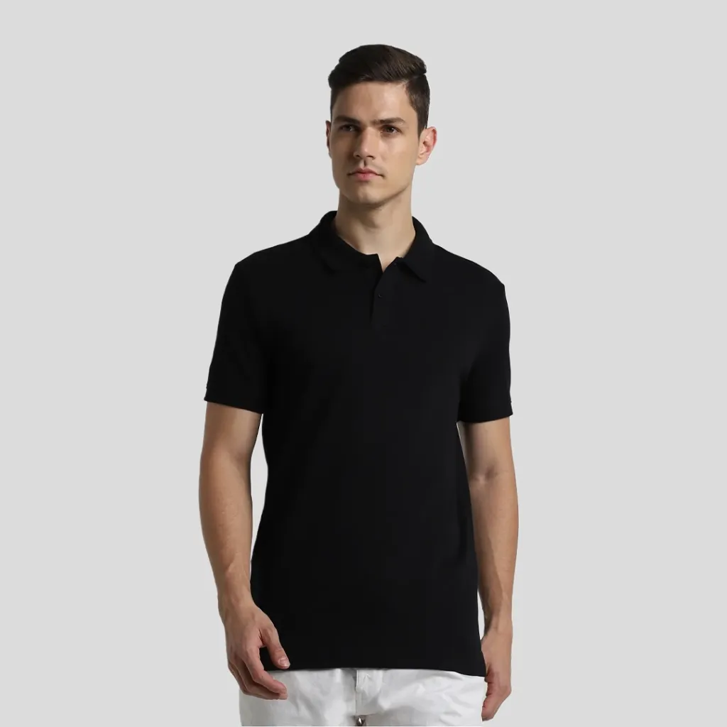 Jack & Jones Interlock Polo T-Shirt – 100% Cotton, Double Knit, 230 GSM (Black)
