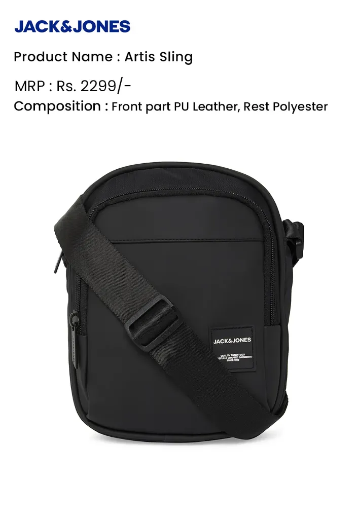 Jack & Jones Artis Sling Bag – PU Leather & Polyester Crossbody Sling with Dual Compartments