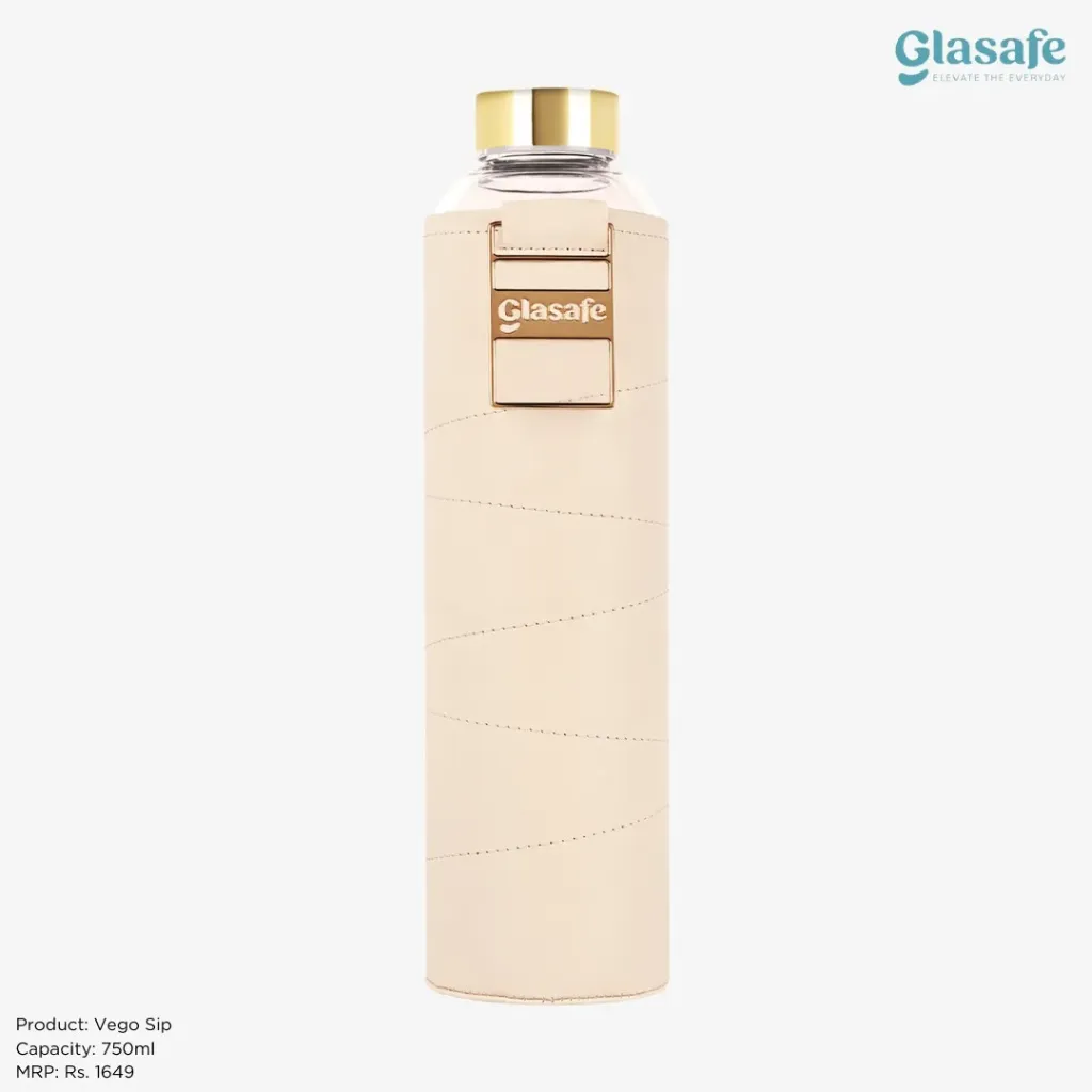 Glasafe Vego Sip Glass Water Bottle – 750ml Borosilicate Bottle with Vegan Leather Cover & Carry Loop