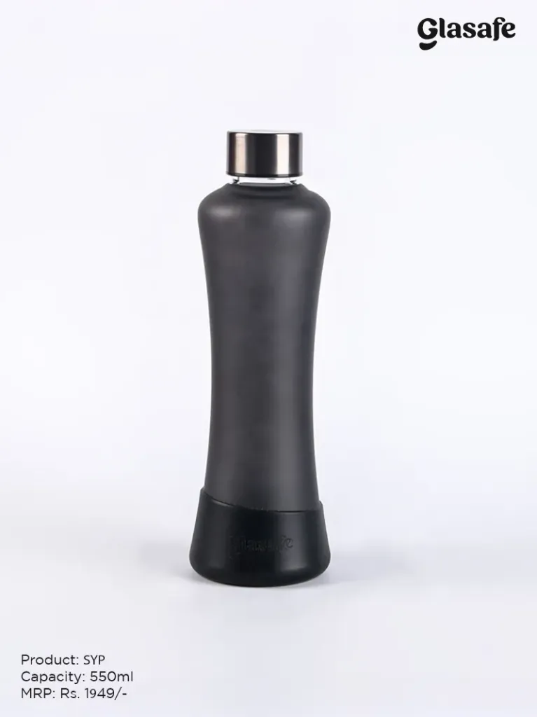 Glasafe SYP Ergonomic Glass Water Bottle – 550ml Borosilicate Bottle with Anti-Slip Silicone Base
