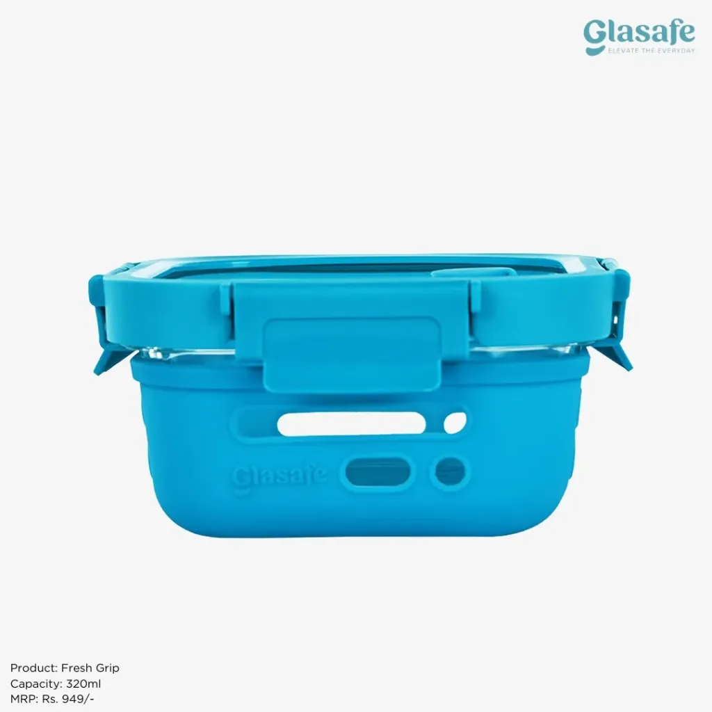 Glasafe Fresh Grip Tiffin Box 320ml – Borosilicate Glass, Leak-Proof, Microwave Safe (Blue)