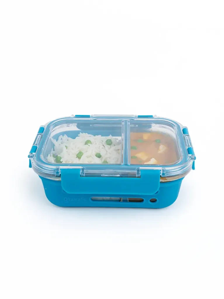 Glasafe Fresh Grip Dual Compartment Tiffin Box 580ml – Borosilicate Glass, Leak-Proof, Microwave Safe (Blue)