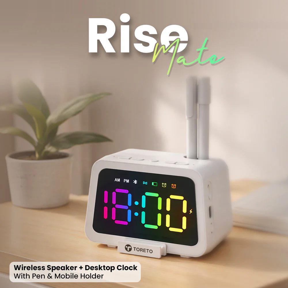 Toreto Rise Mate 5W Wireless Speaker with Digital Clock, Pen Holder & Mobile Stand