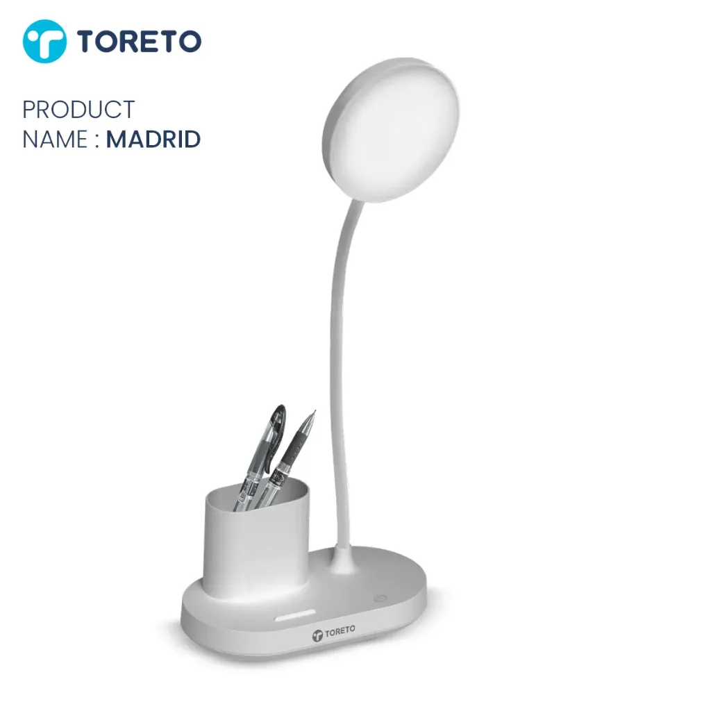Toreto Madrid LED Desk Lamp with Mobile Stand, Pen Holder & Touch Control – Dimmable Study Light