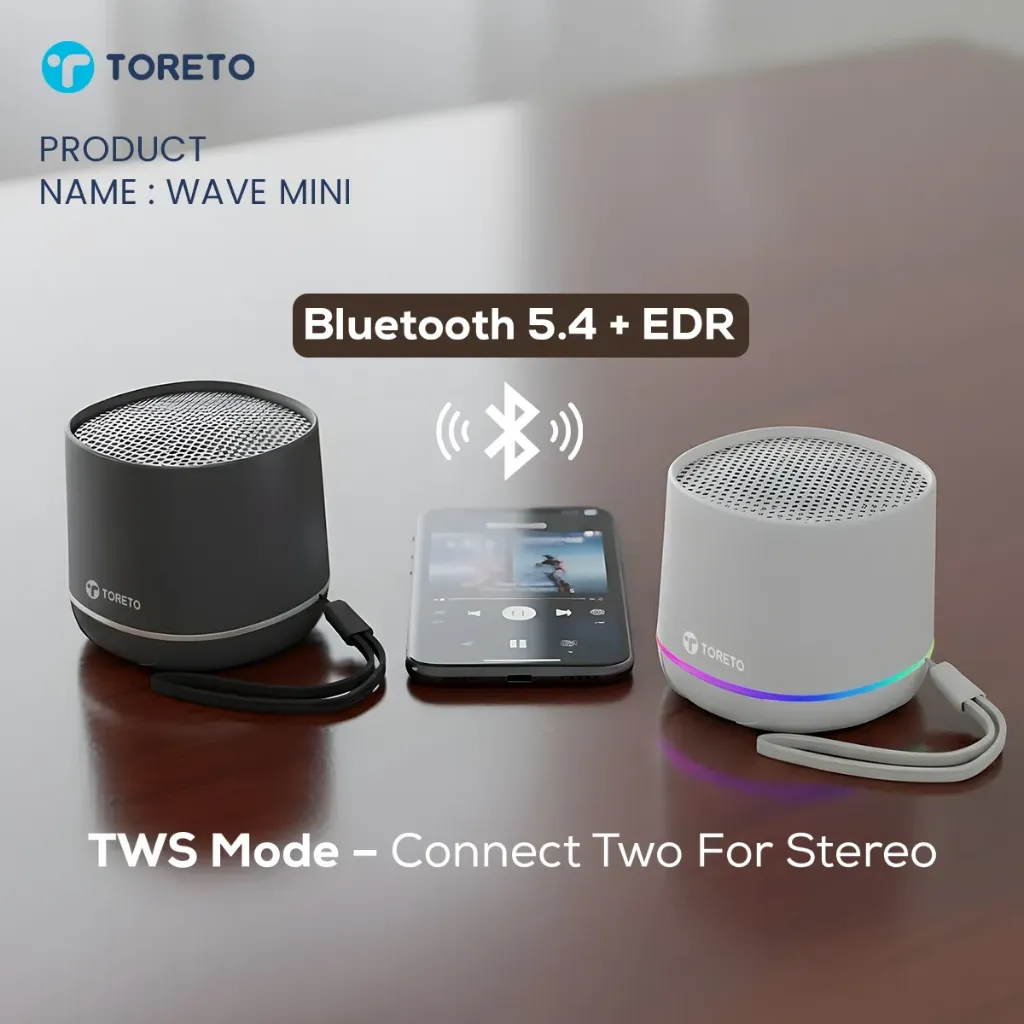 Toreto Wave Mini Portable Bluetooth Speaker – 8W Output, Bluetooth 5.4, TWS Stereo (Grey)