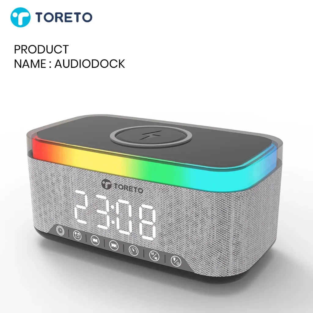 Toreto AudioDock Bluetooth Speaker with Alarm Clock & 15W Wireless Charging – FM Radio